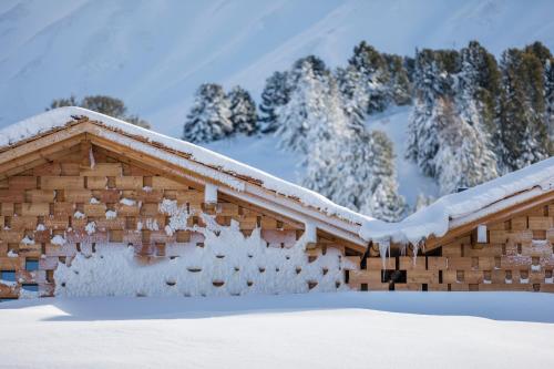 a building covered in snow with trees in the background at Zallinger Dolomites in Seiser Alm 