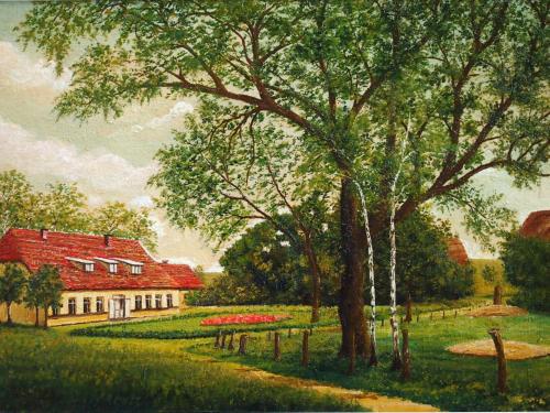 a painting of a white house with a red roof at Galerie D OST in Gingst