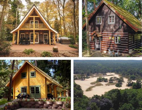 four different views of a log cabin at 't Eekhoornnest in Soest
