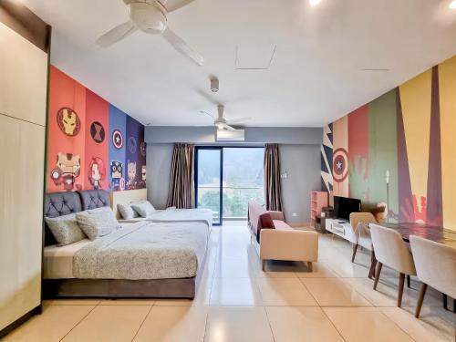 a bedroom with a bed and a living room at Midhills Genting Highlands in Genting Highlands