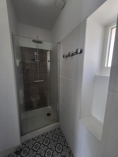 une douche avec une porte vitrée dans une salle de bain dans l'établissement Maison Auguste R., à Avignon