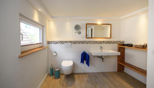 a bathroom with a toilet and a sink and a mirror at Strandläufer in Eckernförde