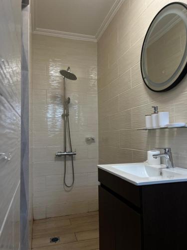 a bathroom with a shower with a sink and a mirror at Residence Larrea in Brazzaville