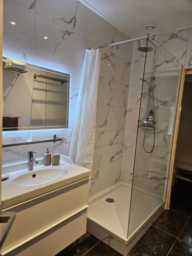 a bathroom with a sink and a shower at Sea Breeze apartment Hellevoetsluis in Hellevoetsluis