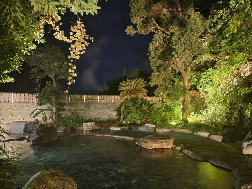 a pond in a garden at night at Hotel Cetus Royal in Higashiizu