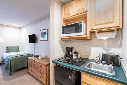 a small kitchen with a sink and a microwave at Mountainside Inn 305 by Alpine Lodging Telluride in Telluride