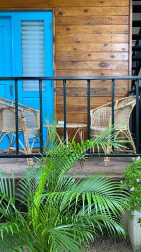 two wicker chairs sitting on a porch with plants at Mahaon surf hotel in Weligama