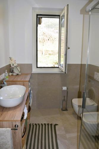 a bathroom with a sink and a glass shower at Villetta Giare in Posina