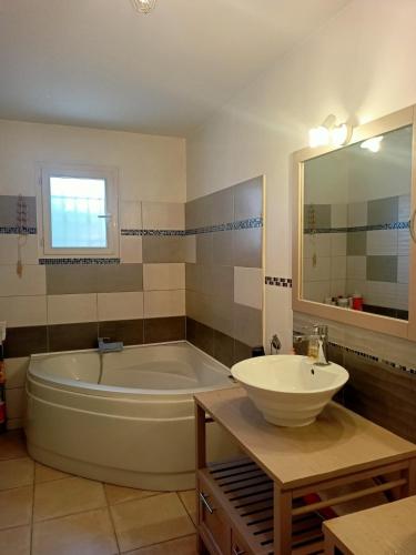 a bathroom with a tub and a sink and a mirror at Maison individuelle Grillon avec wifi in Grillon
