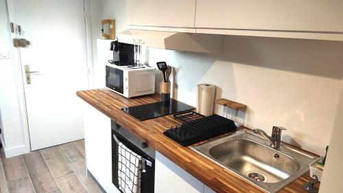 une cuisine avec un évier et un micro-ondes dans l'établissement Gubernatis centre ville, à Nice