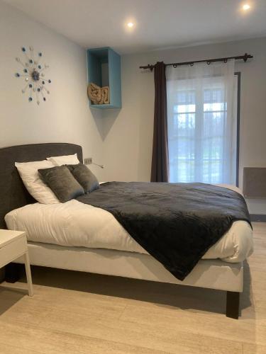 un grand lit dans une chambre avec une fenêtre dans l'établissement La Maison du Lac, à Thionne