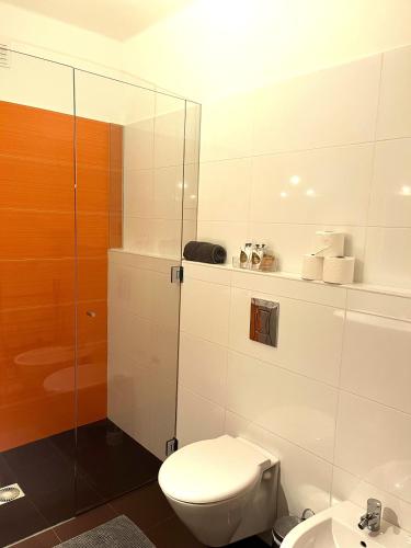 a bathroom with a toilet and a glass shower at Casa do Mar -Sea house in Nazaré