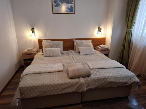a bedroom with a large bed with pillows on it at Двуспален апартамент Милена в хотел Росица,Пампорово in Pamporovo