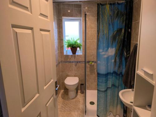 e bagno con servizi igienici, finestra e doccia. di Rustic Harmony - Edinburgh Airport near, 8mi a Rosyth