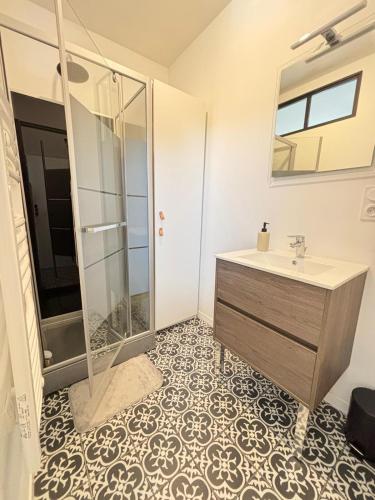 une salle de bain avec un lavabo et une douche dans l'établissement Studio Maya, à Donville-les-Bains