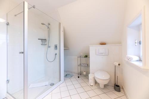 a white bathroom with a shower and a toilet at Reethus WE 4, Seeschwalbe in Borgsum
