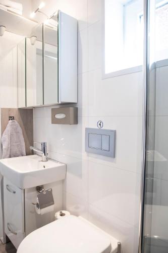 a bathroom with a toilet and a sink and a shower at Ferienwohnung Sabath, 15105 in Leer