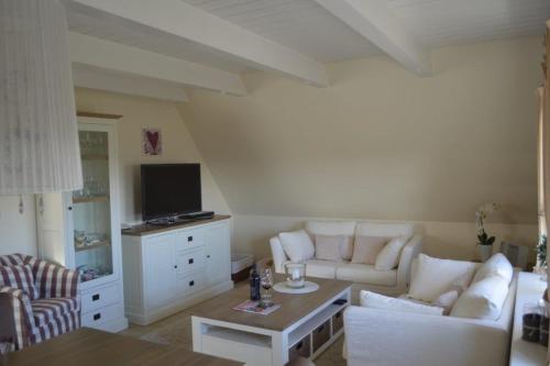a living room with a couch and a tv at Deichhof Whg 28 in Dunsum