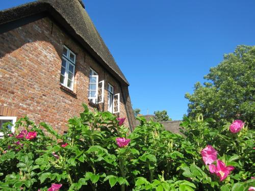 a brick building with pink roses in front of it at Nordseekrabbe 12 Herrenhof in Wrixum