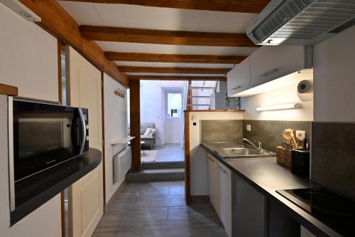 Il comprend une cuisine avec un évier et une télévision sur un comptoir. dans l'établissement Le pastoureau cozy hyper centre, à Sens