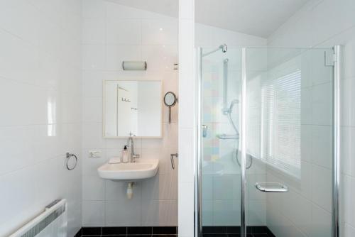 a bathroom with a glass shower and a sink at Valkenhoek (4p) in Ballum