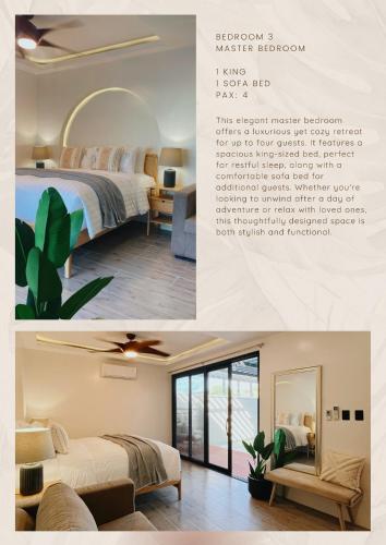 Un collage de dos fotografías de un dormitorio con una cama. en Llazara Villas, en san juan la union