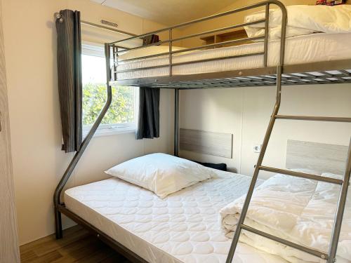 a bedroom with two bunk beds and a ladder at Chalet 7a op Recreatiepark De Wielen in Sint Maarten