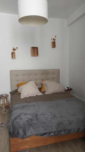 un grand lit dans une chambre avec une lumière dans l'établissement Appartement centre-ville Privas, à Privas