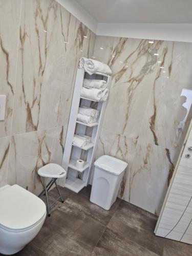a bathroom with a toilet and aige marble wall at Attico Solaris in Reggio Calabria