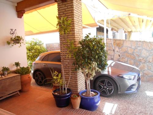 a car parked next to a building with potted plants at Apartamento Caracola in Chipiona