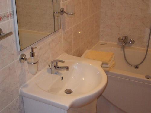 ein Badezimmer mit einem Waschbecken, einer Badewanne und einem Spiegel in der Unterkunft Osterija Na Planinci in Divača