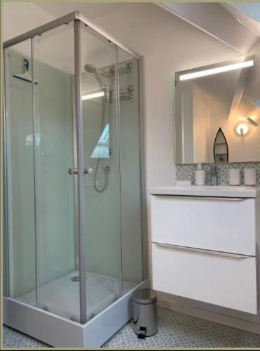 une douche avec une porte vitrée dans une salle de bain dans l'établissement maison proche du lac, à Châteauroux