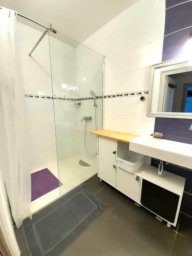une salle de bain avec douche et lavabo dans l'établissement Élégante maison avec patio Vatan Centre, à Vatan