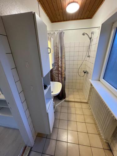 ein Badezimmer mit Dusche, Toilette und Waschbecken in der Unterkunft Rødt hus in Givskud