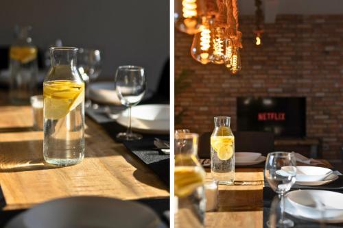 two pictures of a table with glasses and a bottle of wine at SHINYHOMEZ - Familienfreundliche Ferienwohnung in Geestland am Wattenmeer mit Terrasse, Küche und WLAN in Neuenwalde