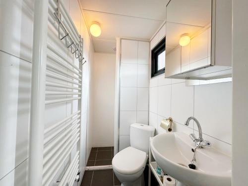 a white bathroom with a toilet and a sink at Chalet 552 op Recreatiepark De Wielen in Sint Maarten