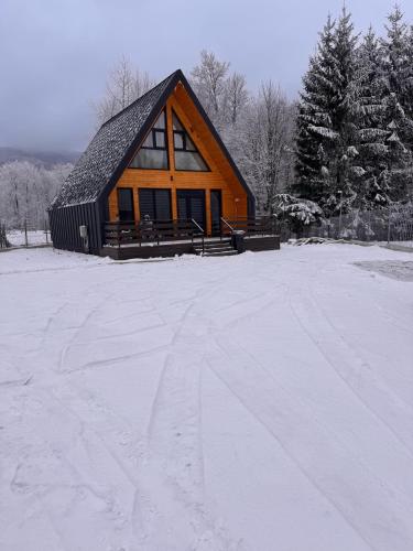 TrăisteniにあるCozy Aframe Valea Doftaneiの雪中の木造の大型キャビン