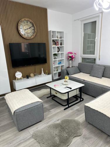 ein Wohnzimmer mit zwei Sofas und einem Flachbildfernseher in der Unterkunft Bratti's Apartment Near Tirana Center And Mother Teresa Airport in Tirana