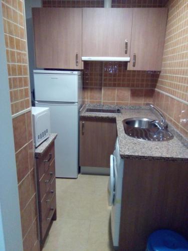 a small kitchen with a sink and a refrigerator at Apartamentos Turisticos Las Yucas in Torre del Mar