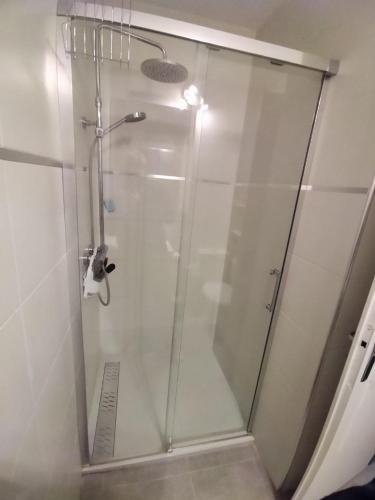 une douche avec une porte vitrée dans une salle de bain dans l'établissement Appartement RDC avec terrasse- 3mn de la plage, à Saint Pierre La Mer