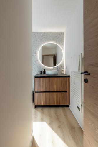 une salle de bain avec un lavabo et un miroir dans l'établissement Le Dauphiné 10 Allevard, à Allevard
