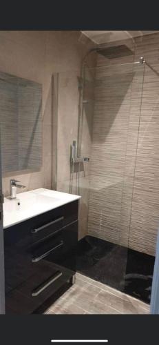 La salle de bains est pourvue d'une douche et d'un lavabo blanc. dans l'établissement Vacances à Nice, à Nice