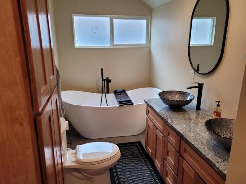 a bathroom with a tub and a toilet and a sink at Newly remodeled mountain home! in Floriston