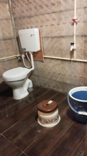 a bathroom with a toilet with a wooden floor at Sampigeheritage resot in Koppal