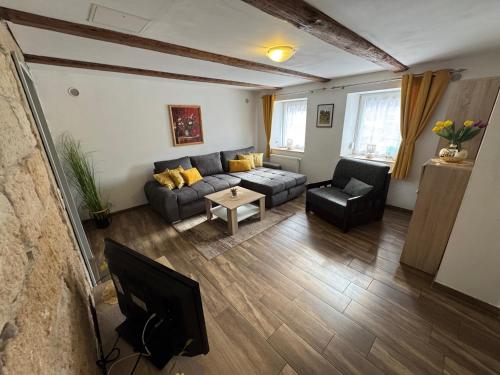 a living room with a couch and a tv at Ferienhaus Montana in Bad Schandau