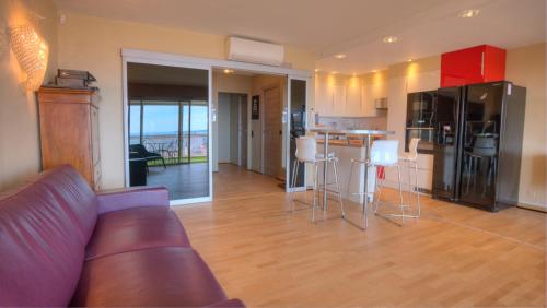 un salon avec un canapé et une cuisine dans l'établissement 3 pièces 4 étoiles Vue Mer Parking Fibre 500m Palais Festivals, à Cannes