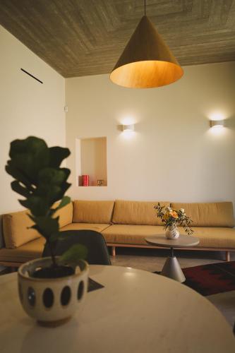a living room with a couch and a table with a plant at Ampeli Villas in Néa Artáki