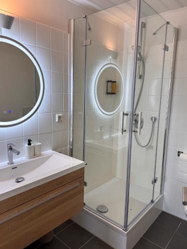 a bathroom with a shower and a sink at TRIMOSA - Apartments & Homes in Bitburg