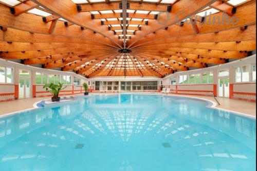 une grande piscine avec un plafond en bois dans l'établissement O Cantinho na Pedra do Ouro, à Pataias