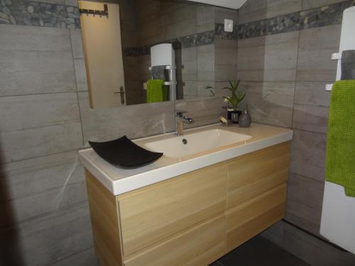 La salle de bains est pourvue d'un lavabo et d'un miroir. dans l'établissement La Pointe D'Yvoire, à Yvoire